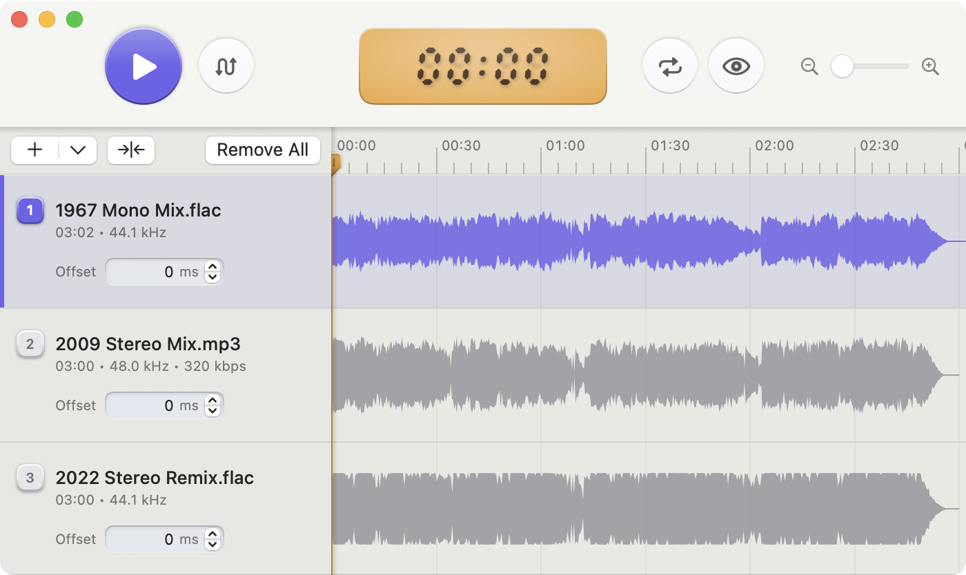Takes showing two aligned audio waveforms in a native Mac window