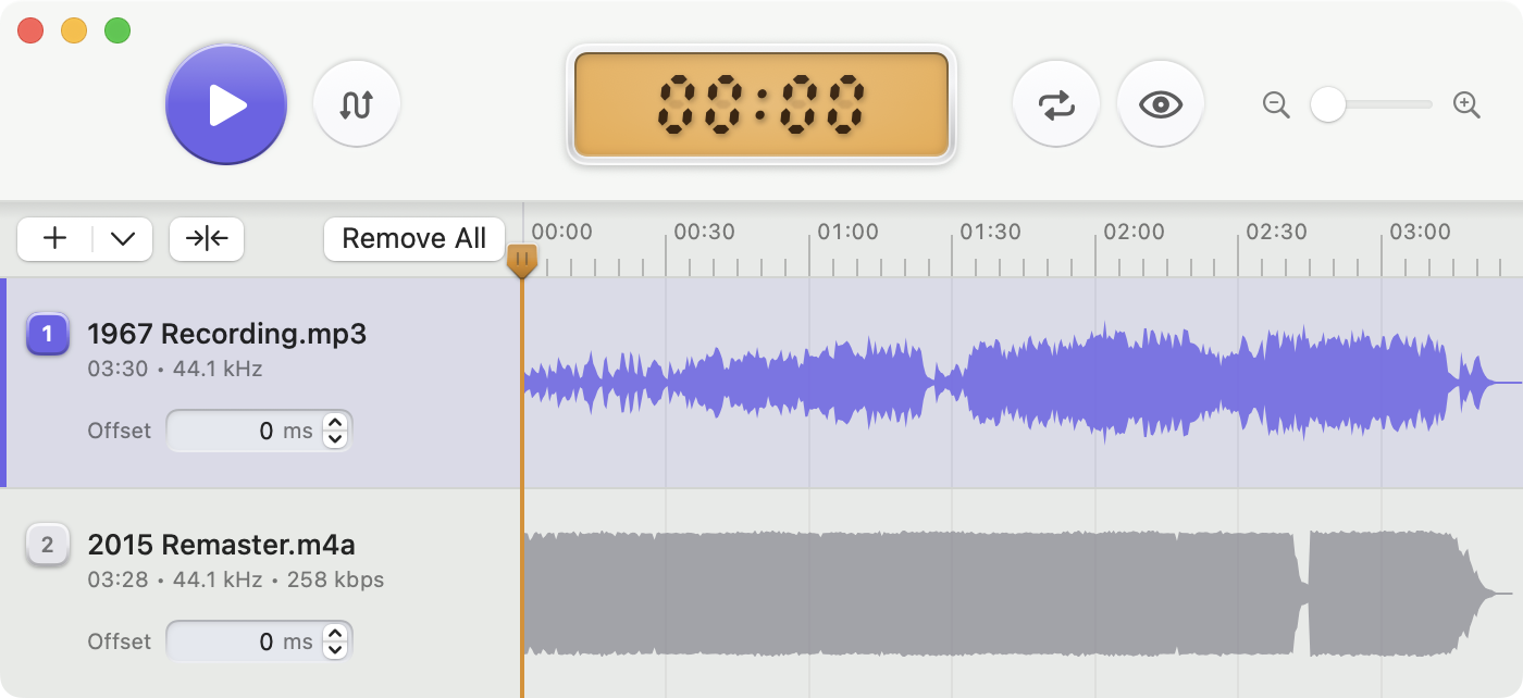 Takes showing two aligned audio waveforms in a native Mac window